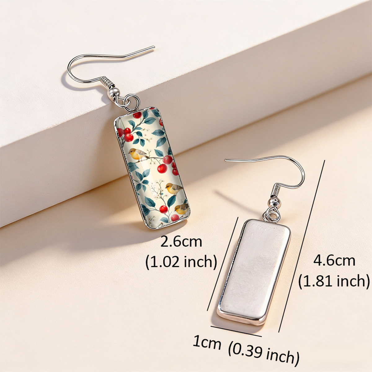 Fresh Cherry Branch & Yellow Bird Print Rectangular Earrings